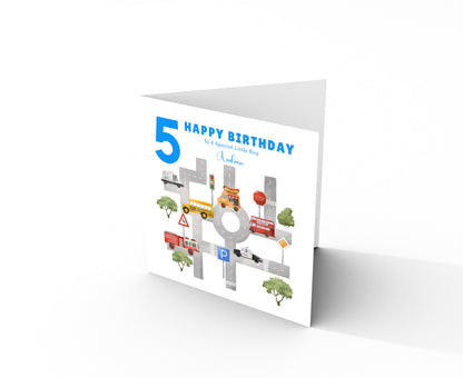 Personalised 5th Birthday Card for Boys – Cars, Transport Theme with Custom Name and Message, Age 5 Years Old Birthday Card for Kids, Children, Boy, Son, Grandson, Nephew – Blue Envelope Included