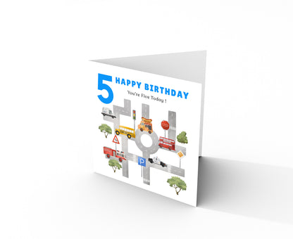 5th Birthday Card for Boys – Cars & Transport Theme Birthday Card for Age 5 Years Old Kids, Children, Boy, Son, Grandson, Nephew – Blue Envelope Included