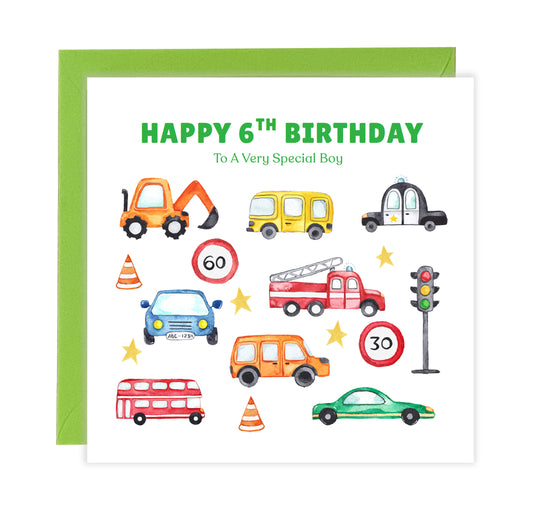 Happy 6th Birthday Card for Boys – Car Digger Bus Design, Boy Vehicle Birthday Card, Age 6 Years Old Birthday Card for Kids, Children, Boy, Son, Grandson, Nephew– Blue Envelope Included