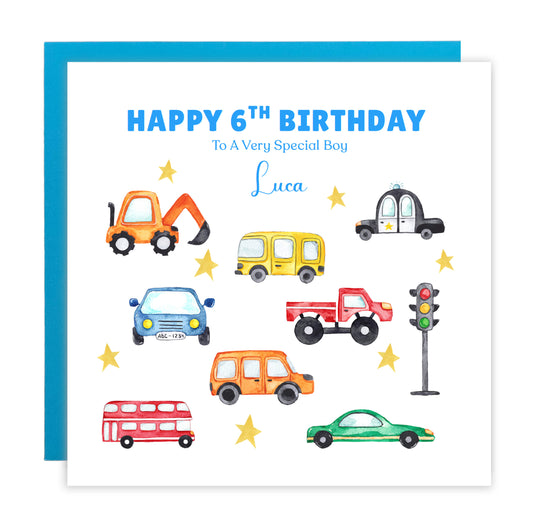 Personalised 6th Birthday Card for Boys – Car Digger Bus Design with Custom Name and Message, Age 6 Years Old Birthday Card for Kids, Children, Boy, Son, Grandson, Nephew– Blue Envelope Included