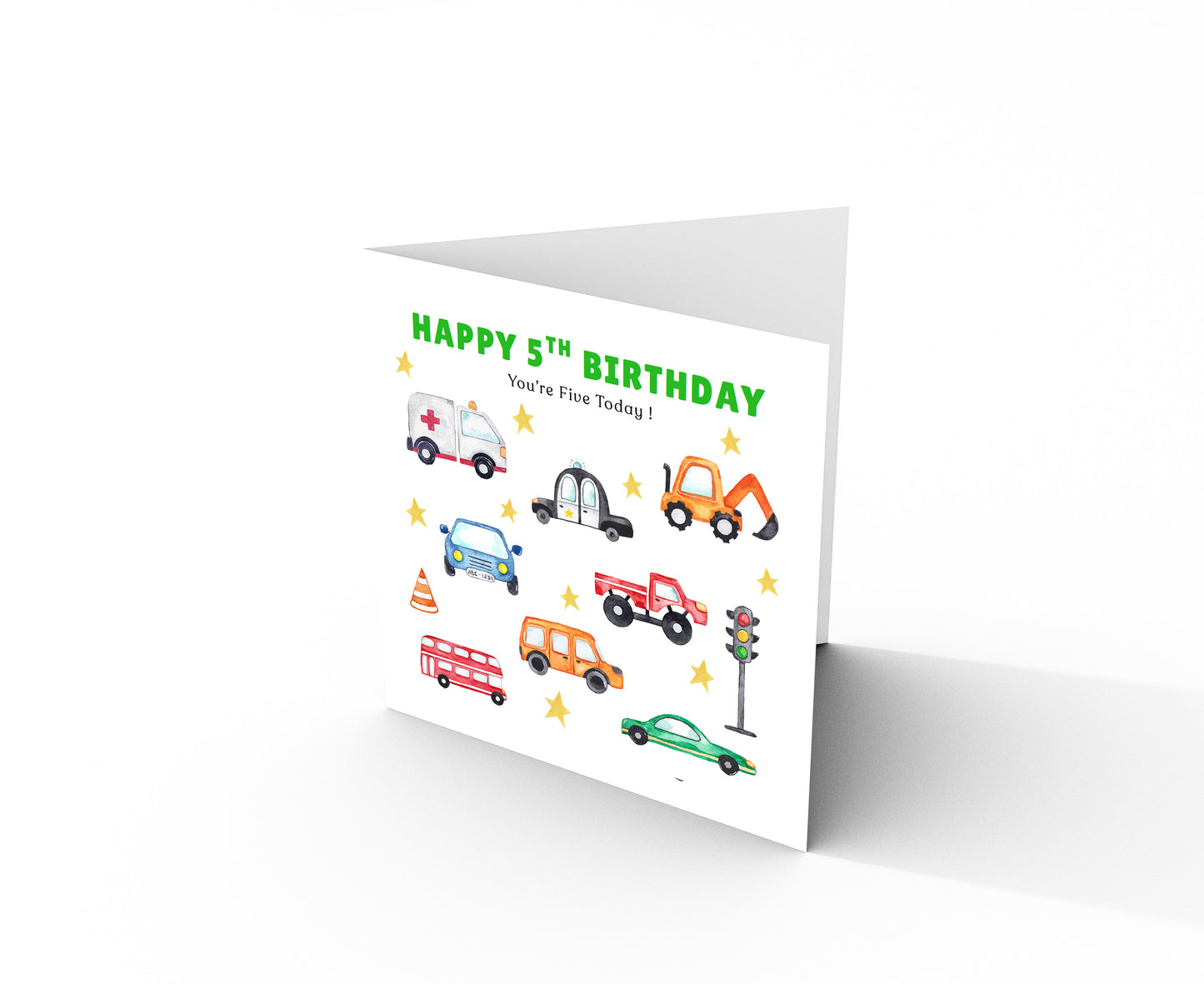 Cute Vehicles 5th Birthday Card for Boys - Transport Theme Birthday Card for Age 5 Years Old Kids, Children, Boy, Son, Grandson, Nephew – Green Envelope Included