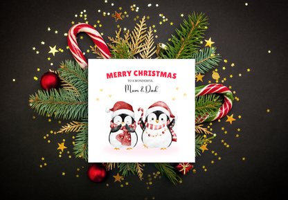 Personalised Christmas Card – Cute Penguin Design – Festive Xmas Holiday Greeting Card for Parents, Grandparents, Uncle & Auntie – One – Red Envelope Included