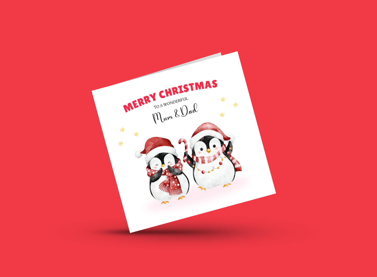 Personalised Christmas Card – Cute Penguin Design – Festive Xmas Holiday Greeting Card for Parents, Grandparents, Uncle & Auntie – One – Red Envelope Included