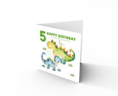 Personalised 5th Birthday Card for Boys – Dinosaur Design with Custom Name & Message for Age 5 Years Old, Fifth Birthday Kids, Son, Grandson, Nephew –  Green Envelope Included