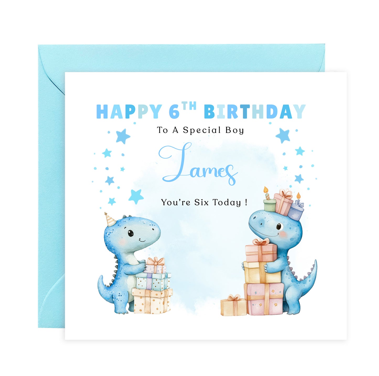 Personalised 6th Birthday Card for Boys – Cute Dinosaurs Design with Custom Name and Message – Age 6 Years Old Birthday Card for Boys, Kids, Son, Grandson, Nephew – Blue Envelope Included