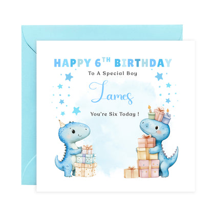 Personalised 6th Birthday Card for Boys – Cute Dinosaurs Design with Custom Name and Message – Age 6 Years Old Birthday Card for Boys, Kids, Son, Grandson, Nephew – Blue Envelope Included