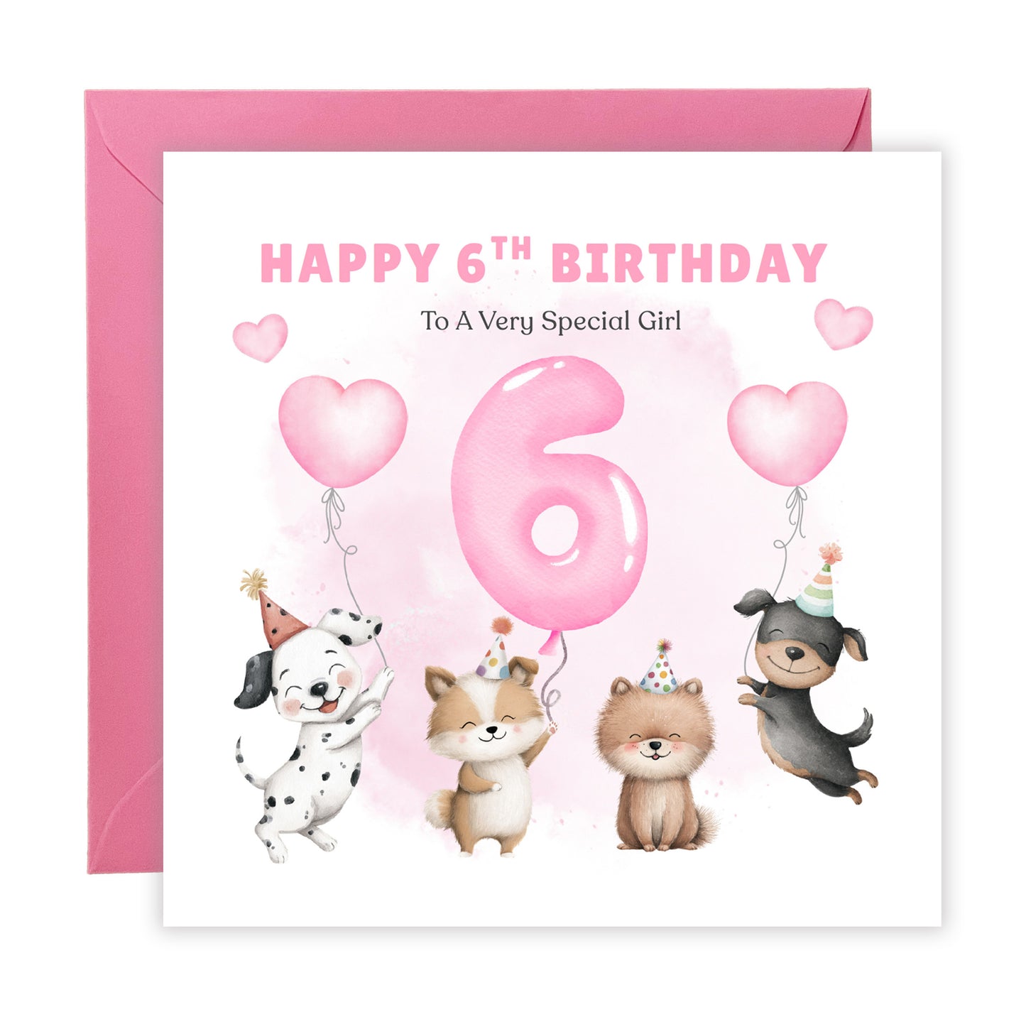 Sweet 6th Birthday Card for Girls - Cute Puppy Dogs and Balloon Design - Happy Birthday Card for Age 6 Years Old Girls, Kids, Daughter, Granddaughter, Niece – Pink Envelope Included