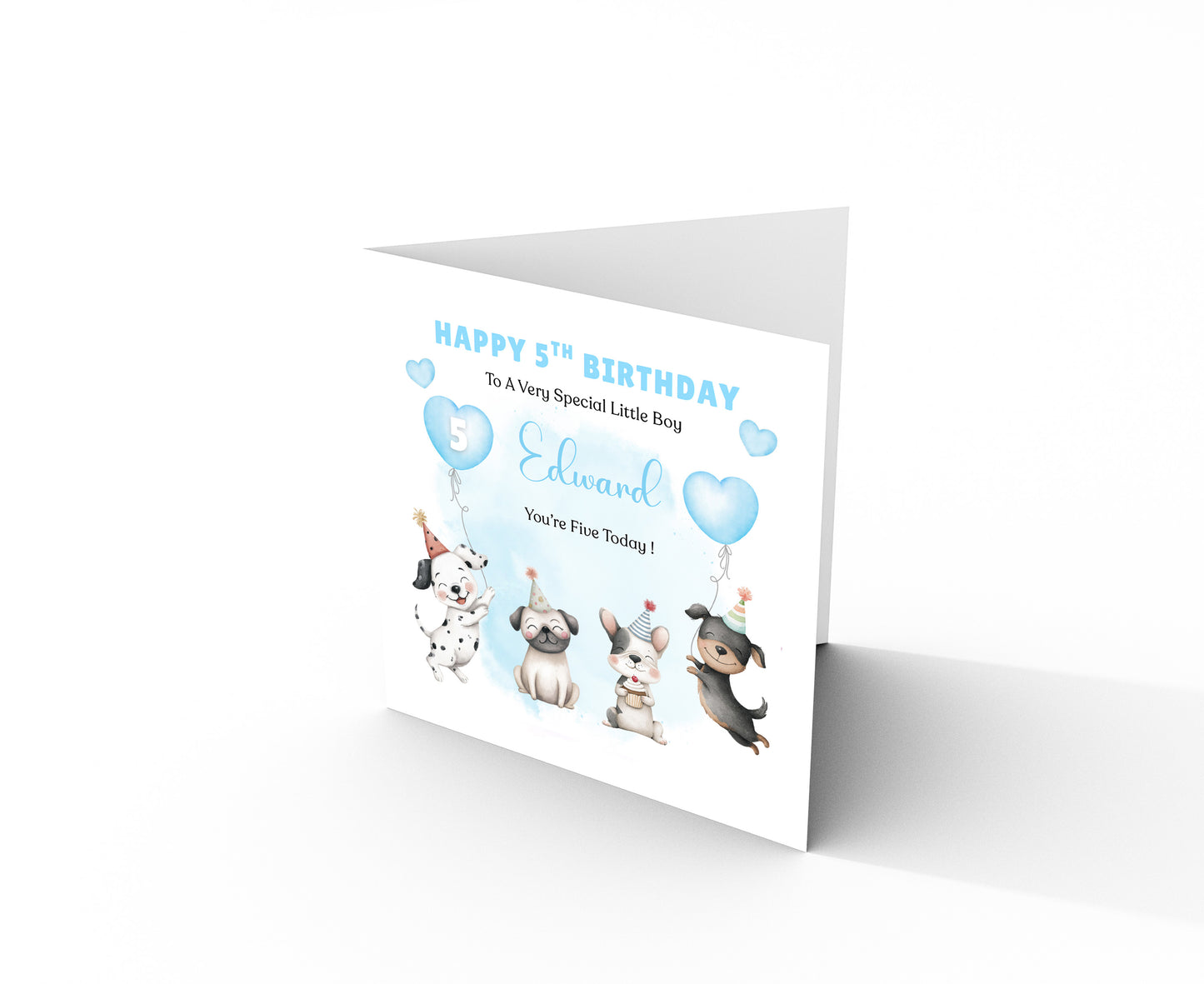 Personalised 5th Birthday Card for Boys – Cute Puppy Dogs Design with Custom Name and Message, Age 5 Years Old Birthday Card for Kids, Children, Boy, Son, Grandson, Nephew– Blue Envelope Included