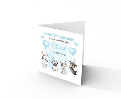 Personalised 5th Birthday Card for Boys – Cute Puppy Dogs Design with Custom Name and Message, Age 5 Years Old Birthday Card for Kids, Children, Boy, Son, Grandson, Nephew– Blue Envelope Included