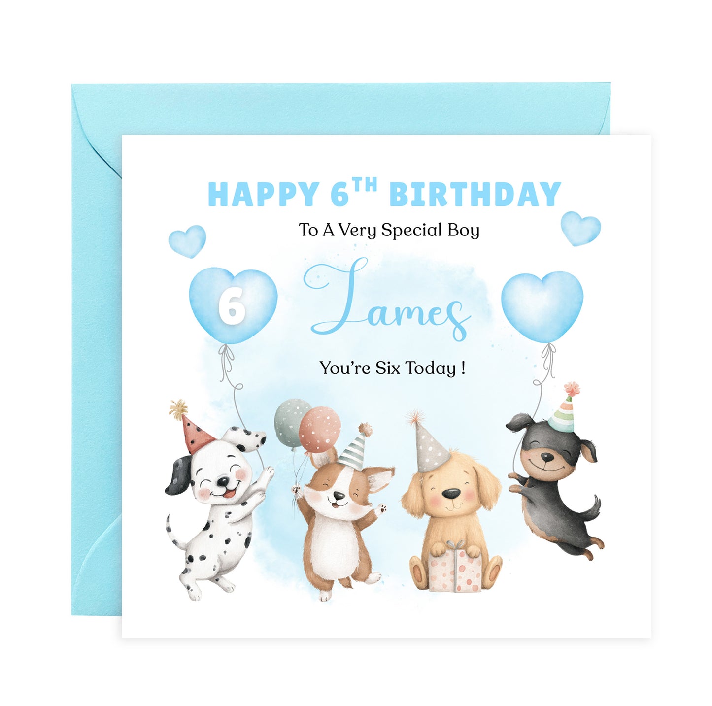 Personalised 6th Birthday Card for Boys – Cute Puppy Dogs Design with Custom Name and Message, Age 6 Years Old Birthday Card for Kids, Children, Boy, Son, Grandson, Nephew– Blue Envelope Included