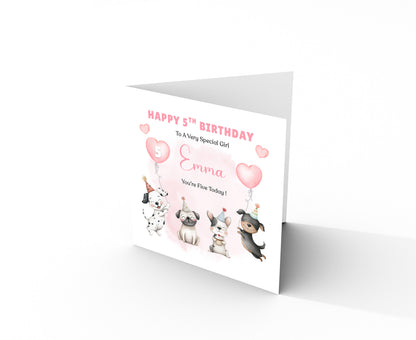 Personalised 5th Birthday Card for Girls – Cute Puppy Dogs Design with Custom Name and Message – Age 5 Years Old Birthday Card for Girls, Kids, Daughter, Granddaughter, Niece – Pink Envelope Included