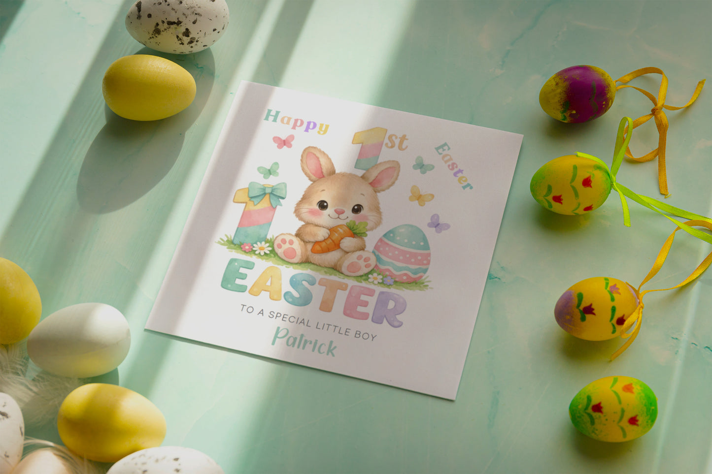 Personalised 1st Happy Easter Card for Baby Girl, Baby Boy with Custom Name and Message - Bunny  Design - Rabbit First Easter Card for Grandkids, Nephew, Niece, Kids, Little One with Green Envelope