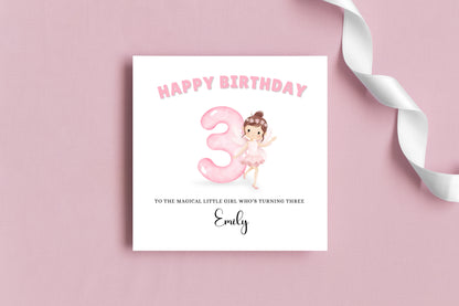 Fairy -Personalised Watercolour Style 3 Year Old Birthday Folded Card for Girls who loves Fairy Tales, Custom Name and Message Happy 3rd Birthday Card, Customisable Birthday Card for Children