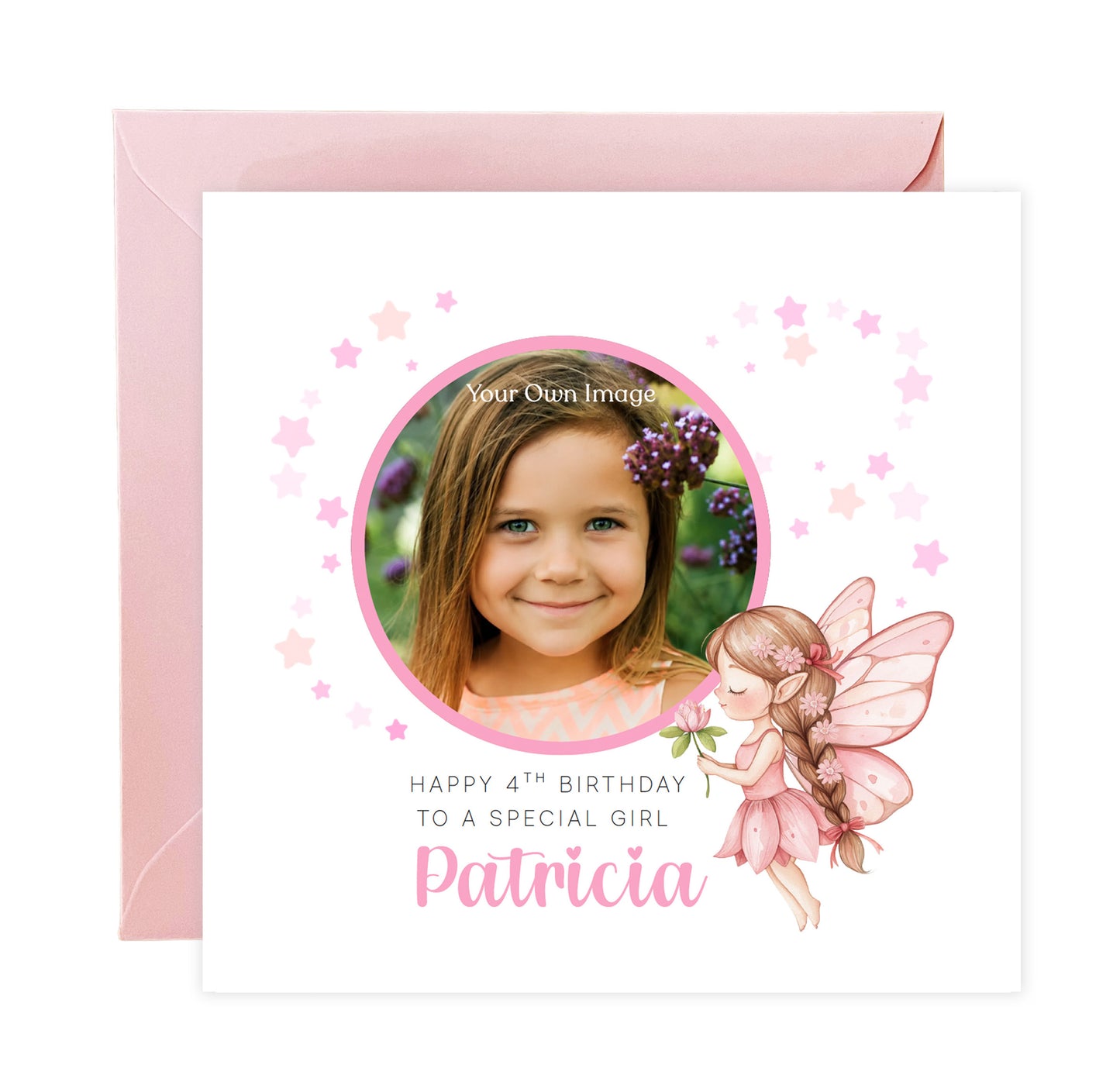 Personalised Photo 4 Years Old 4th Birthday Card for Girls – Fairy Design with Custom Name & Message - Age 4 Magical Birthday Card for Kids Daughter Granddaughter Niece with Pink Envelope
