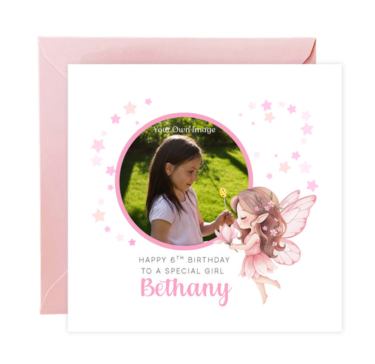 Personalised Photo 6 Years Old 6th Birthday Card for Girls – Fairy Design with Custom Name & Message - Age 6 Birthday Card for Kids Daughter Granddaughter Niece - Pink Envelope Included
