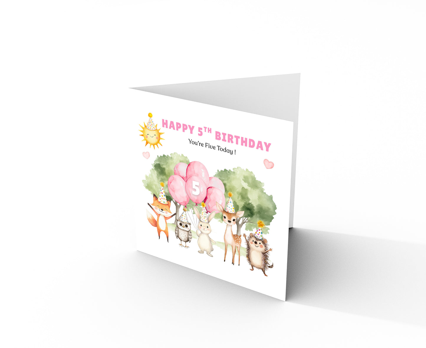 Woodland Animals 5th Birthday Card for Girls – Forest Animals Design Birthday Card for Age 5 Years Old Girl, Kids, Daughter, Granddaughter, Niece – Pink Envelope Included