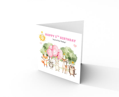 Woodland Animals 5th Birthday Card for Girls – Forest Animals Design Birthday Card for Age 5 Years Old Girl, Kids, Daughter, Granddaughter, Niece – Pink Envelope Included