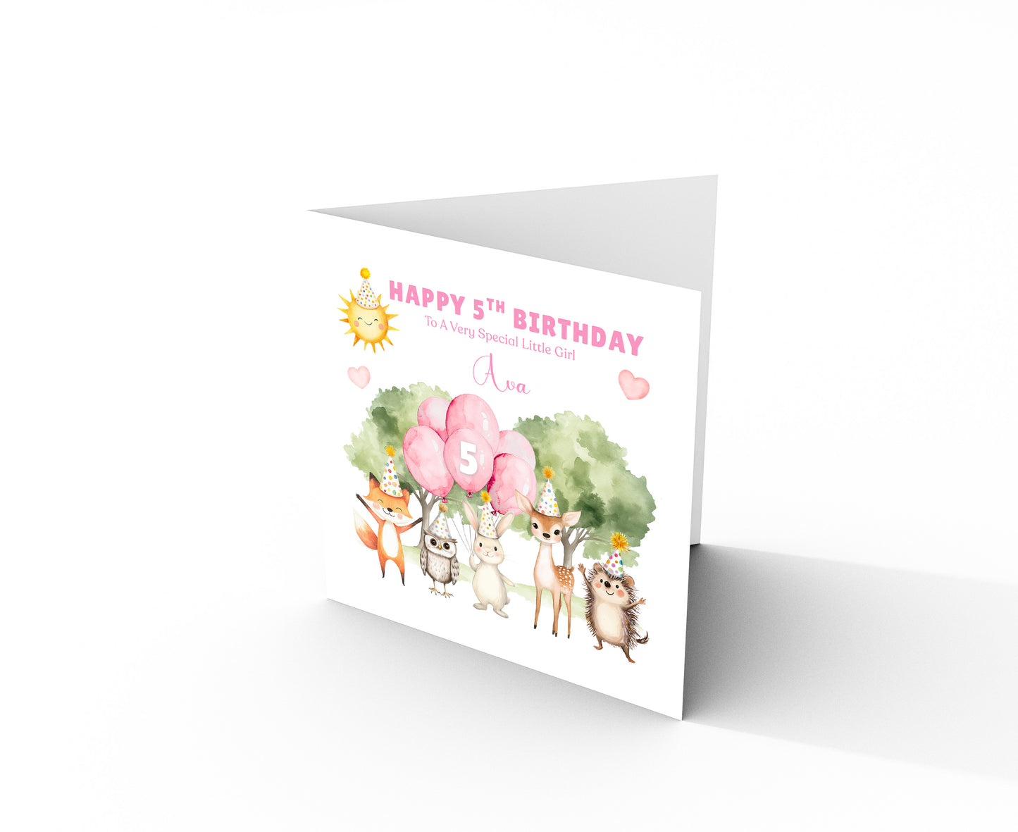 Personalised 5th Birthday Card for Girls – Woodland Animals Design with Custom Name and Message – Age 5 Years Old Birthday Card for Girls, Kids, Daughter, Granddaughter, Niece – Pink Envelope Included
