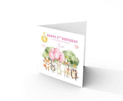 Personalised 5th Birthday Card for Girls – Woodland Animals Design with Custom Name and Message – Age 5 Years Old Birthday Card for Girls, Kids, Daughter, Granddaughter, Niece – Pink Envelope Included