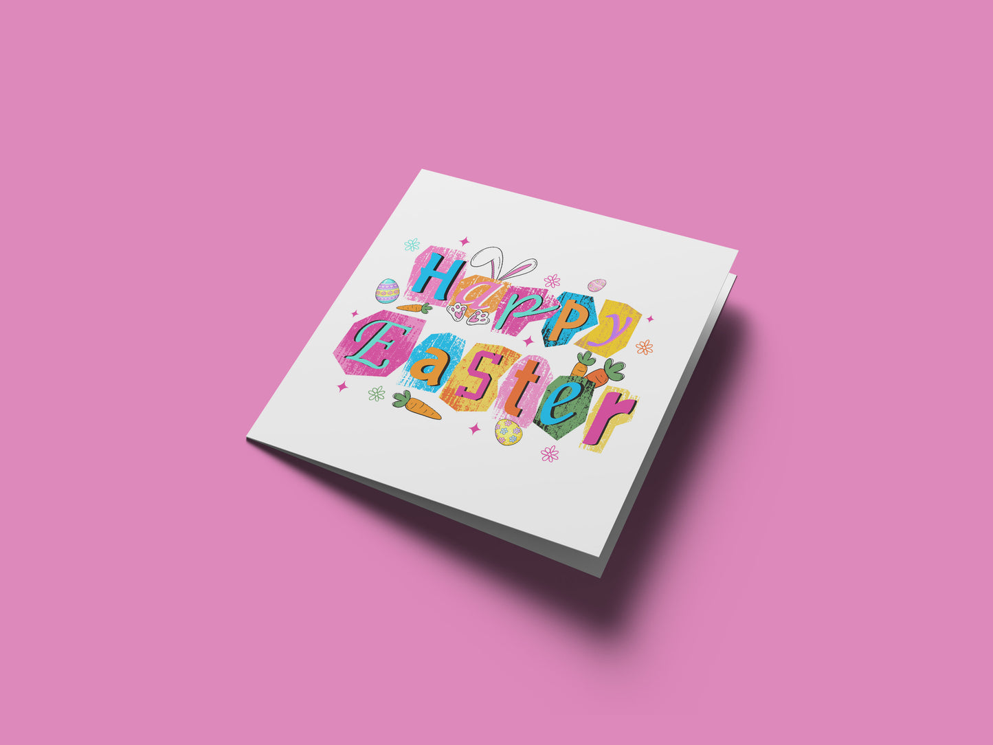 Colorful Bunny, Easter Eggs & Carrot Happy Easter Card – Cute Spring Holiday Card for Family, Teens, Kids, Friends and Loved Ones – Bright Modern Easter Card - Pink Envelope Included