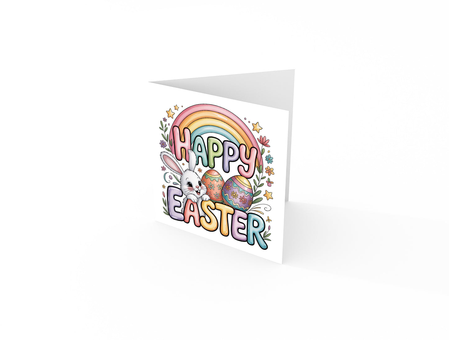 Happy Easter Card with Bunny and Rainbow Design – Cute Spring Holiday Card for Family, Kids, Boys, Girls, Son, Daughter, Nephew, Niece, Granddaughter, Grandson – Yellow Envelope Included