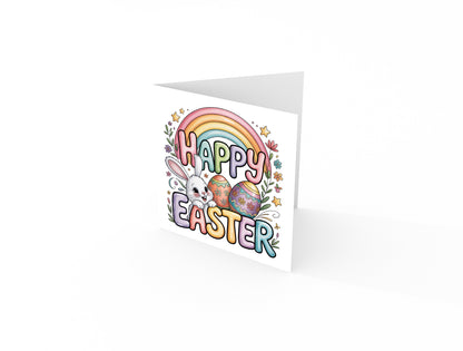 Happy Easter Card with Bunny and Rainbow Design – Cute Spring Holiday Card for Family, Kids, Boys, Girls, Son, Daughter, Nephew, Niece, Granddaughter, Grandson – Yellow Envelope Included