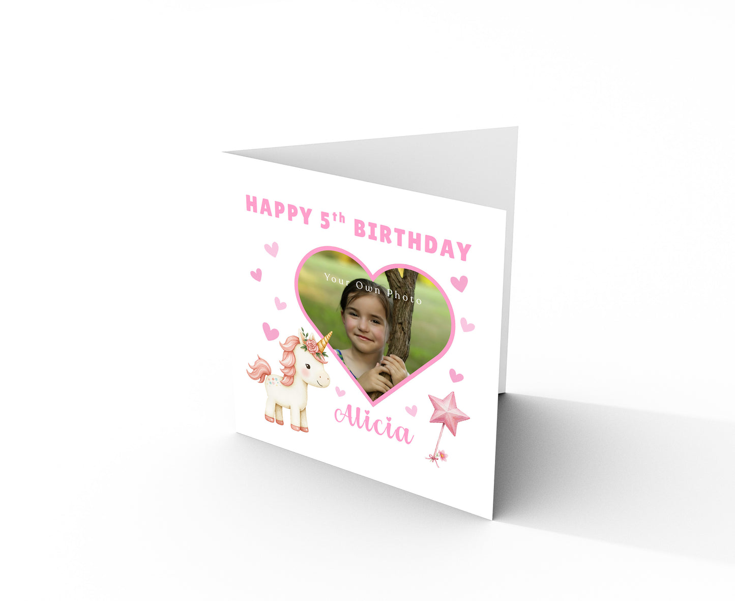 Personalised Photo 5 Years Old 5th Birthday Card for Girls – Unicorn Design, Heart Photo Frame with Custom Photo & Name for Age 5 Years Old Kid, Daughter, Granddaughter, Niece with Pink Envelope
