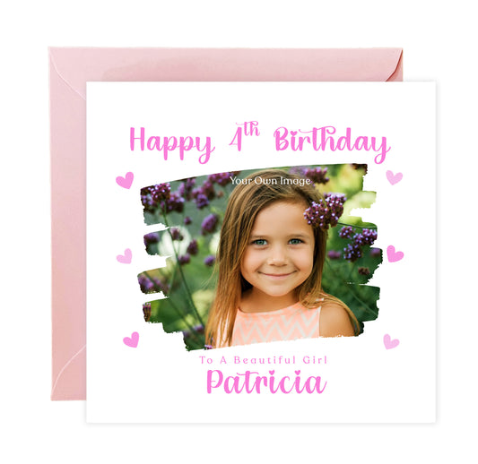 Personalised Photo 4 Years Old 4th Birthday Card for Girls – Brush-Stroke Photo Frame with Custom Name & Message - Age 4 Magical Birthday Card for Kids Daughter Granddaughter Niece with Pink Envelope