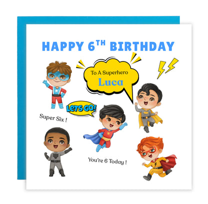 Personalised 6th Birthday Card for Superhero Boys – Superhero Design with Custom Name and Message, Age 6 Years Old Birthday Card for Kids, Children, Boy, Son, Grandson, Nephew– Blue Envelope Included