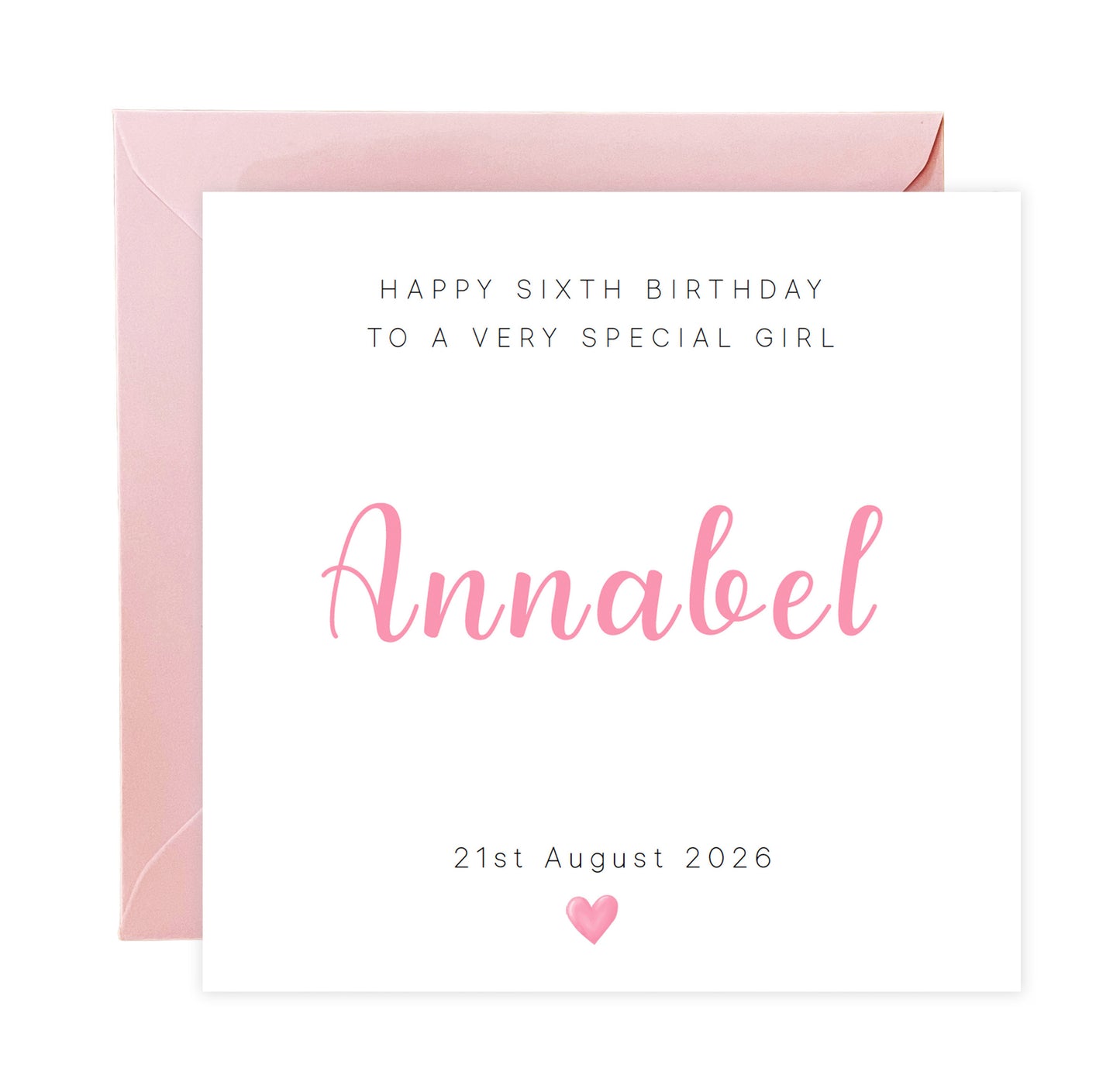 Personalised 6th Birthday Card for Girls – Elegant Minimalist Design with Custom Birthday, Name & Message - Age 6 Years Old Birthday Card for Kids Daughter Granddaughter Niece - Pink Envelope Included