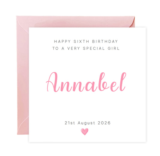 Personalised 6th Birthday Card for Girls – Elegant Minimalist Design with Custom Birthday, Name & Message - Age 6 Years Old Birthday Card for Kids Daughter Granddaughter Niece - Pink Envelope Included