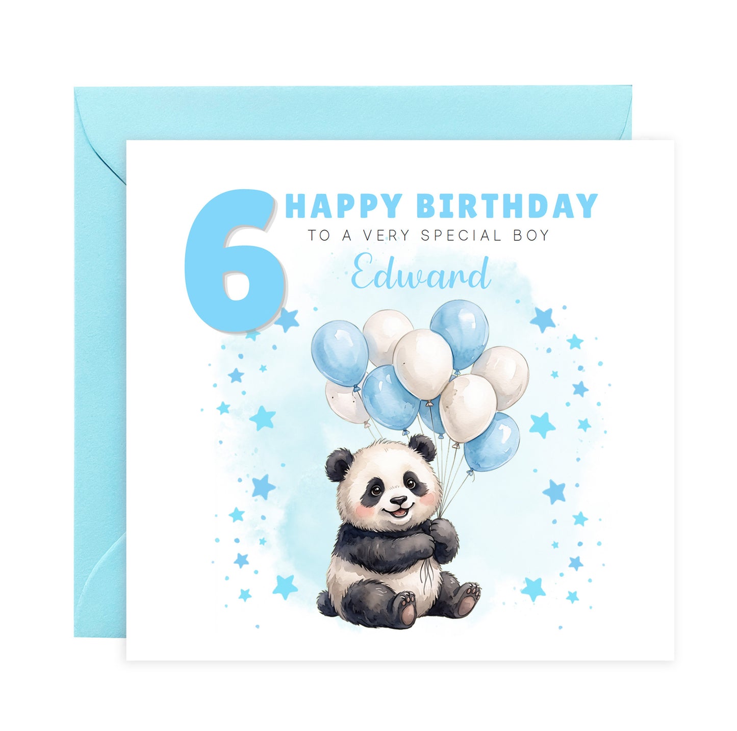 Personalised 6th Birthday Card for Boys – Cute Panda Design with Custom Name and Message, Age 6 Years Old Birthday Card for Kids, Children, Boy, Son, Grandson, Nephew– Blue Envelope Included