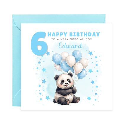 Personalised 6th Birthday Card for Boys – Cute Panda Design with Custom Name and Message, Age 6 Years Old Birthday Card for Kids, Children, Boy, Son, Grandson, Nephew– Blue Envelope Included