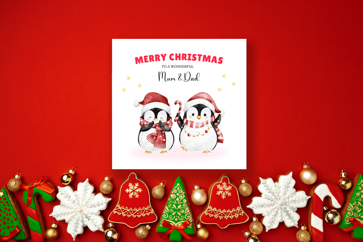 Personalised Christmas Card – Cute Penguin Design – Festive Xmas Holiday Greeting Card for Parents, Grandparents, Uncle & Auntie – One – Red Envelope Included