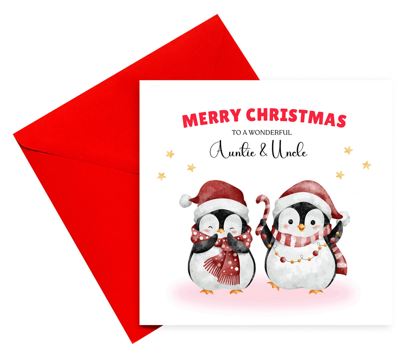 Personalised Christmas Card – Cute Penguin Design – Festive Xmas Holiday Greeting Card for Parents, Grandparents, Uncle & Auntie – One – Red Envelope Included
