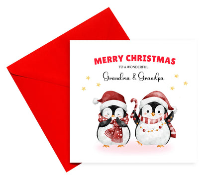 Personalised Christmas Card – Cute Penguin Design – Festive Xmas Holiday Greeting Card for Parents, Grandparents, Uncle & Auntie – One – Red Envelope Included