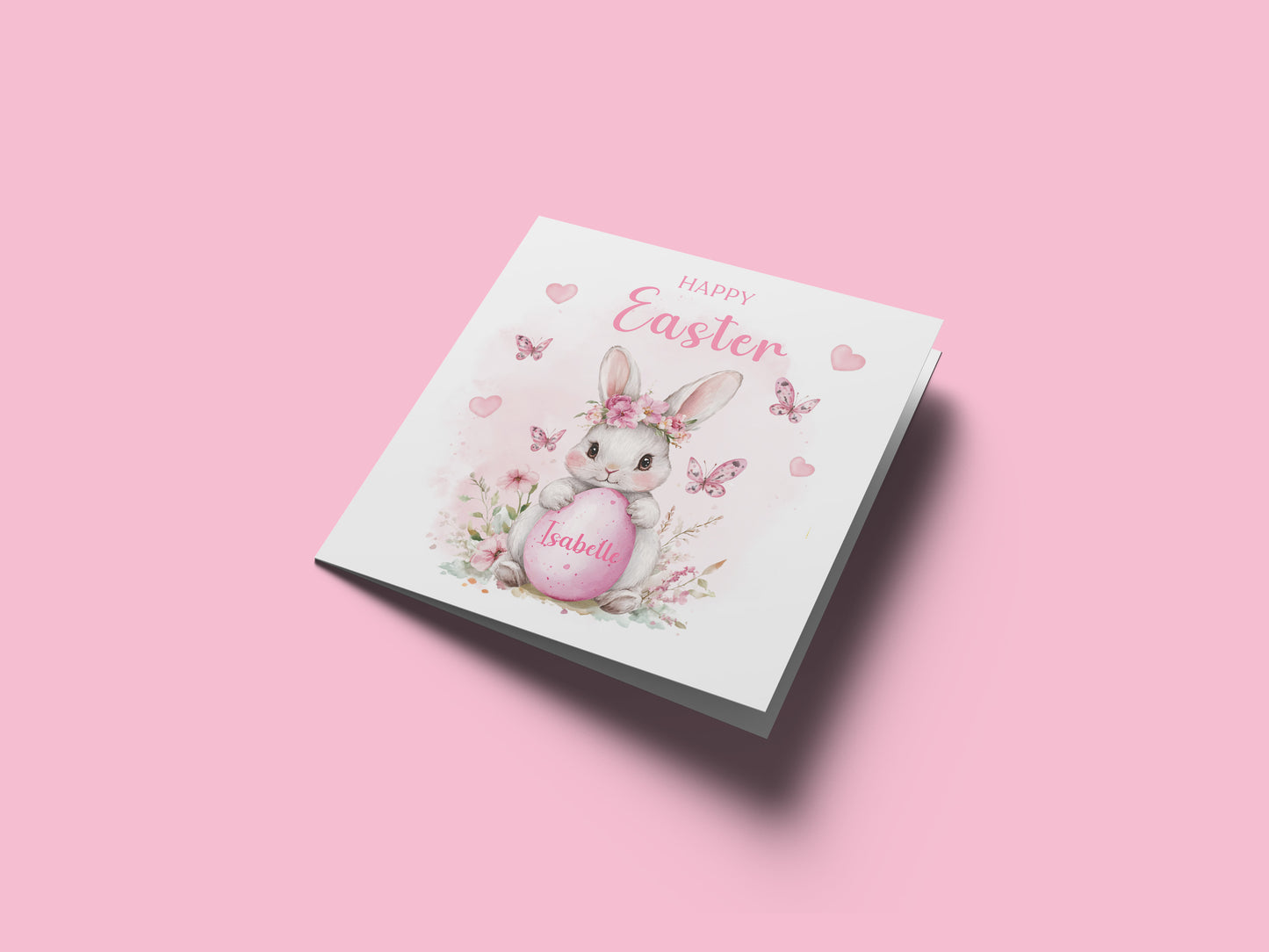 Personalised Happy Easter Bunny Card for Girls with Custom Name - Easter Rabbit and Egg Design for Daughter, Granddaughter, Niece, Kids, Girl, Baby Girl, Little One – Pink Envelope Included