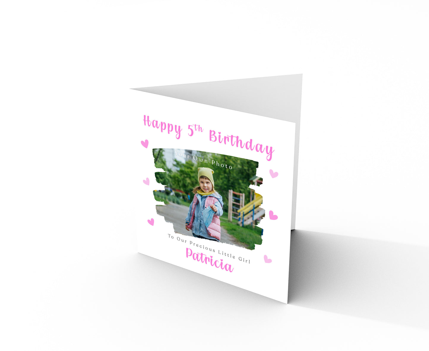 Personalised Photo 5 Years Old 5th Birthday Card for Girls – Brush Stroke Photo Frame with Custom Photo, Name & Message for Age 5 Years Old Kid, Daughter, Granddaughter, Niece with Pink Envelope