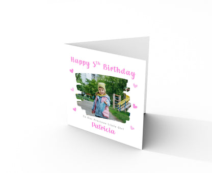Personalised Photo 5 Years Old 5th Birthday Card for Girls – Brush Stroke Photo Frame with Custom Photo, Name & Message for Age 5 Years Old Kid, Daughter, Granddaughter, Niece with Pink Envelope