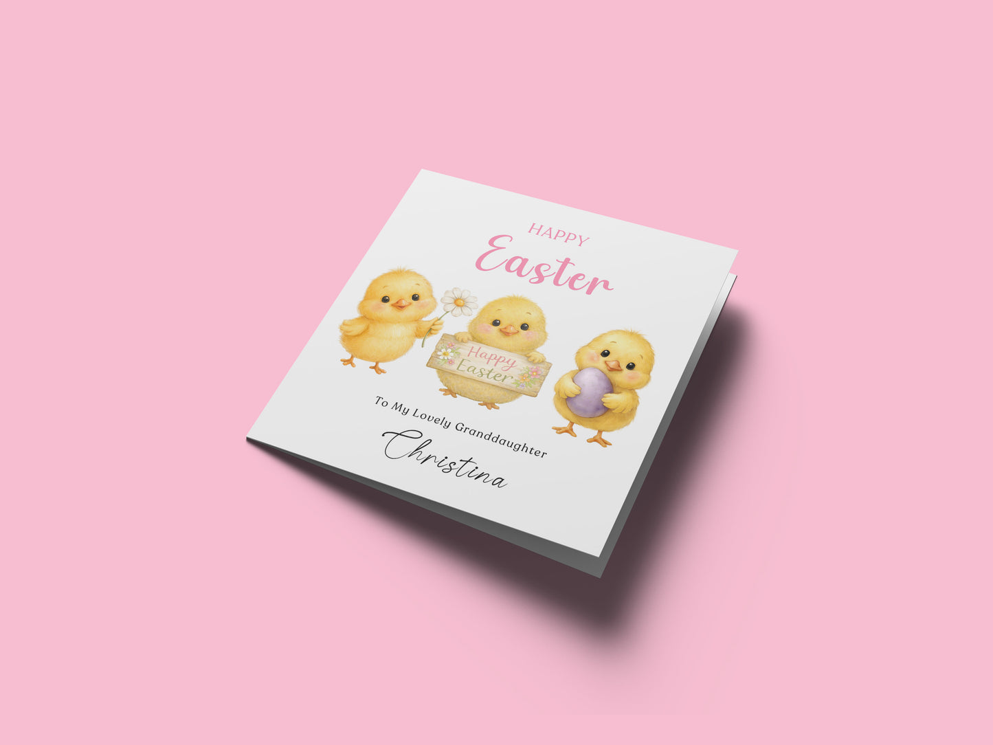 Personalised Happy Easter Card for Girls with Custom Name and Message - Three Baby Chicks Design for Daughter, Granddaughter, Niece, Kids, Girl, Baby Girl, Little One – Pink Envelope Included
