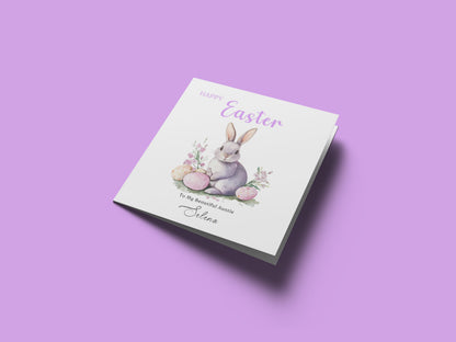 Personalised Happy Easter Card with Custom Name and Message - Purple Bunnies with Easter Eggs Design for Her, Mum, Grandma, Auntie, Daughter, Granddaughter, Niece, Girls – Purple Envelope Included (Copy)