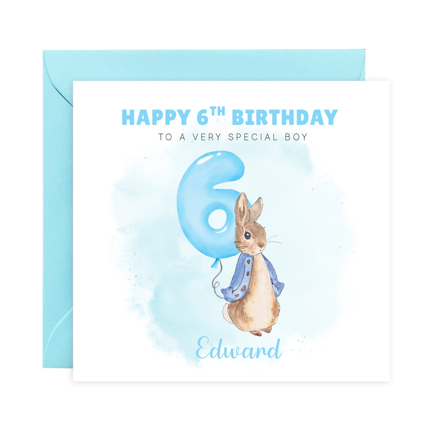 Personalised 6th Birthday Card for Boys – Cute Rabbit Design with Custom Name and Message, Age 6 Years Old Birthday Card for Kids, Children, Boy, Son, Grandson, Nephew– Blue Envelope Included