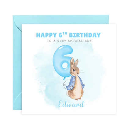 Personalised 6th Birthday Card for Boys – Cute Rabbit Design with Custom Name and Message, Age 6 Years Old Birthday Card for Kids, Children, Boy, Son, Grandson, Nephew– Blue Envelope Included
