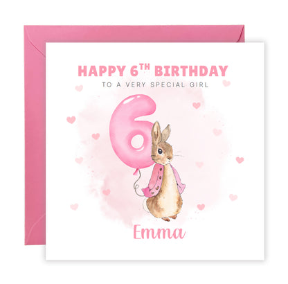 Personalised 6 Years Old 6th Birthday Card for Girls – Cute Rabbit with Custom Name & Message - Age 6 Birthday Card for Kids Children Daughter Granddaughter Niece - Pink Envelope Included