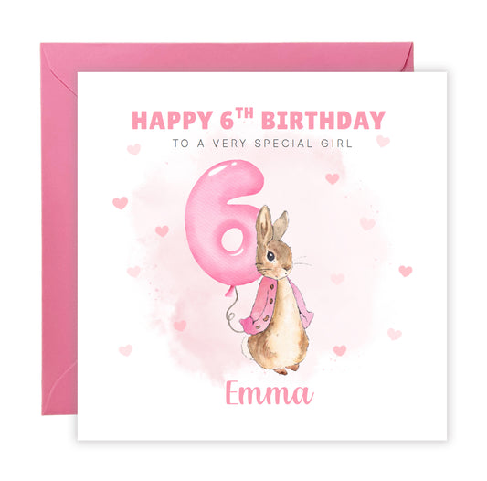 Personalised 6 Years Old 6th Birthday Card for Girls – Cute Rabbit with Custom Name & Message - Age 6 Birthday Card for Kids Children Daughter Granddaughter Niece - Pink Envelope Included