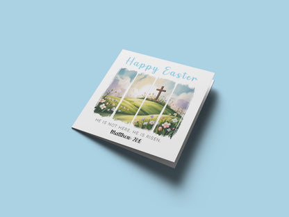 Christian Happy Easter Card – He Is Risen - Religious Easter Card with Cross – Faith Easter Greeting Card for Church, Christians, Friends, Family, Loved Ones - Blue Envelope Included
