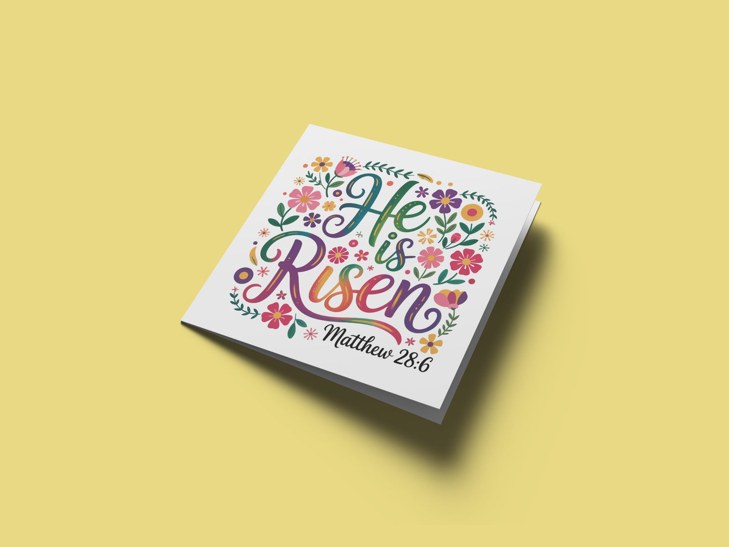 Christian Happy Easter Card – He Is Risen - Religious Easter Card - Floral Resurrection Faith Easter Greeting Card for Church, Christians, Friends, Family, Loved Ones - Yellow Envelope Included