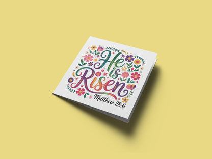 Christian Happy Easter Card – He Is Risen - Religious Easter Card - Floral Resurrection Faith Easter Greeting Card for Church, Christians, Friends, Family, Loved Ones - Yellow Envelope Included