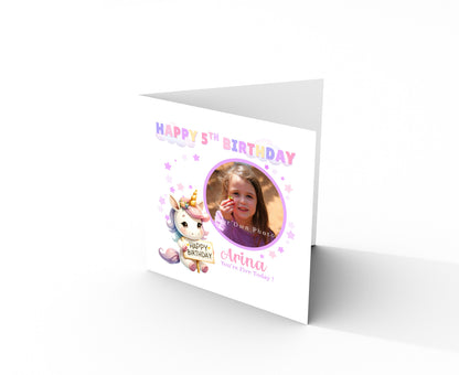 Personalised Photo 5 Years Old 5th Birthday Card for Girls – Unicorn Design with Custom Photo & Name for Age 5 Years Old Kid, Daughter, Granddaughter, Niece -  Purple Envelope Included