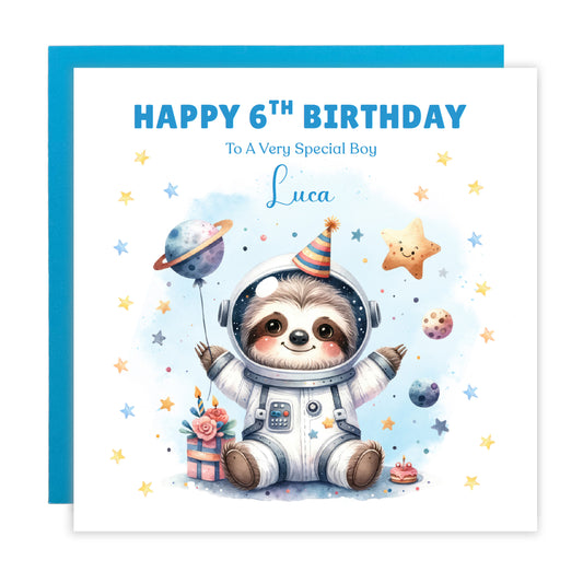 Personalised 6th Birthday Card for Boys – Cute Sloth Design with Custom Name and Message, Age 6 Years Old Birthday Card for Kids, Children, Boy, Son, Grandson, Nephew– Blue Envelope Included